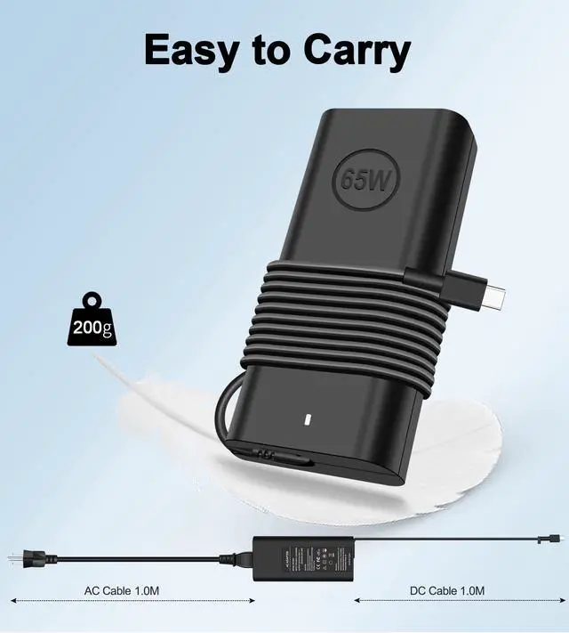 Alt view image 12 of 12 - 65W USB C Charger for Dell Latitude 5420 5430 5520 5530 5540 7320 7330 7340 7420 7430 Inspiron 14 7420 7425 16 7620 Chromebook 3100 HA65NM190 LA65NM190 Laptop Charger