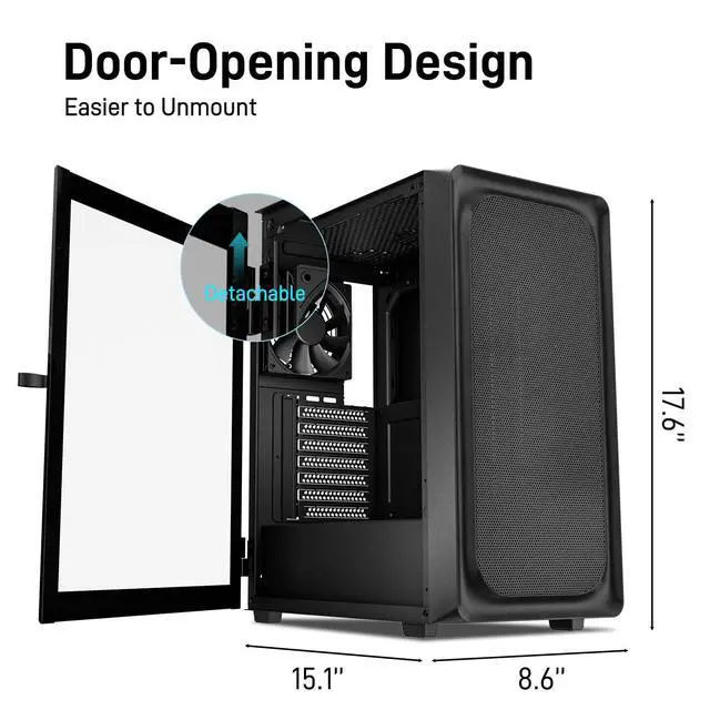 Alt view image 10 of 14 - EC2 Black ATX Mid Tower PC Case, Type-C Ready, Supports 50 Series Graphics Cards, Tempered Glass Side Panel, up to 8 x 120mm Cooling Fans & 1 x 360mm Radiator, 1 x Pre-Installed Fan