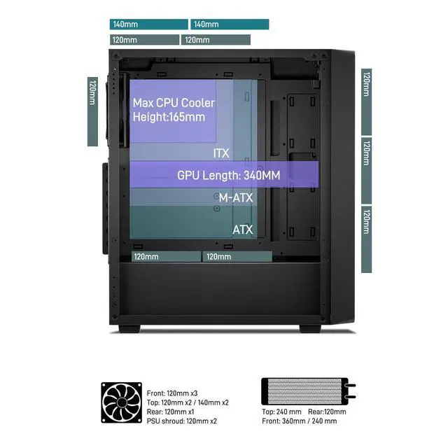 Alt view image 11 of 14 - EC2 Black ATX Mid Tower PC Case, Type-C Ready, Supports 50 Series Graphics Cards, Tempered Glass Side Panel, up to 8 x 120mm Cooling Fans & 1 x 360mm Radiator, 1 x Pre-Installed Fan