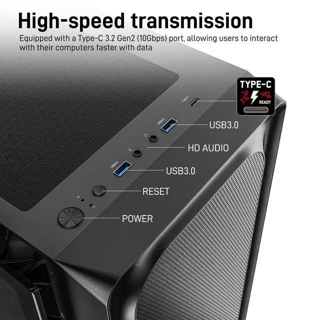 Alt view image 13 of 14 - EC2 Black ATX Mid Tower PC Case, Type-C Ready, Supports 50 Series Graphics Cards, Tempered Glass Side Panel, up to 8 x 120mm Cooling Fans & 1 x 360mm Radiator, 1 x Pre-Installed Fan