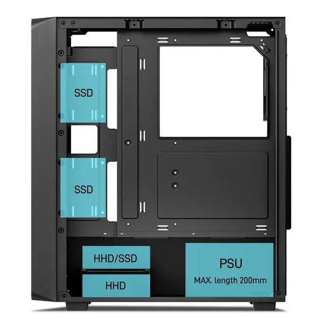 Alt view image 12 of 14 - EC2 Black ATX Mid Tower PC Case, Type-C Ready, Supports 50 Series Graphics Cards, Tempered Glass Side Panel, up to 8 x 120mm Cooling Fans & 1 x 360mm Radiator, 1 x Pre-Installed Fan