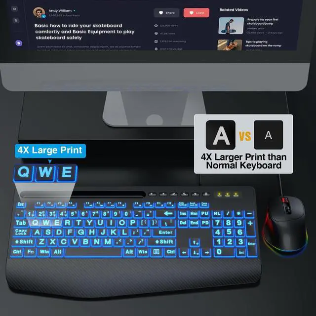 Alt view image 9 of 14 - KM21Pro Wired Keyboard Mouse Combo - Large Print Backlit, Ergonomic Wrist Rest, 6 DPI RGB for PC/Windows - Ideal for Seniors, Students, Office and Home