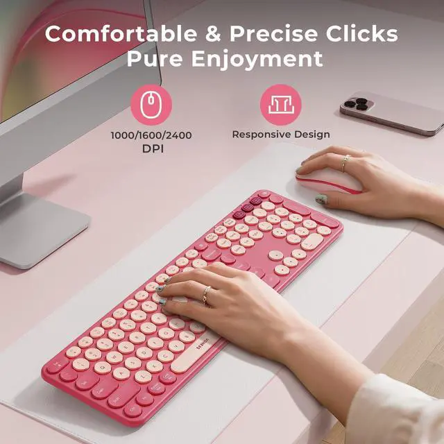 Alt view image 11 of 14 - Wireless Bluetooth Keyboard and Mouse Combo, COE202 Retro Cute Round Keycaps, 3 Multi-Device Connection, Full Size Keyboard Compatible for PC/Laptop/Mac/MacBook/iPad/Tablet, Pink