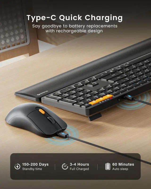 Alt view image 11 of 14 - Wireless Bluetooth Keyboard and Mouse Combo, KM60 Multi Device Rechargeable Ergonomic Full Size Keyboard Mouse with Wrist Rest Sleek Design for Laptop, Computer, Mac, MacBook, Windows, Black