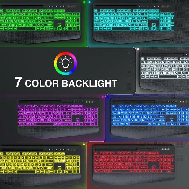 Alt view image 11 of 14 - KM21Pro Wired Keyboard Mouse Combo - Large Print Backlit, Ergonomic Wrist Rest, 6 DPI RGB for PC/Windows - Ideal for Seniors, Students, Office and Home