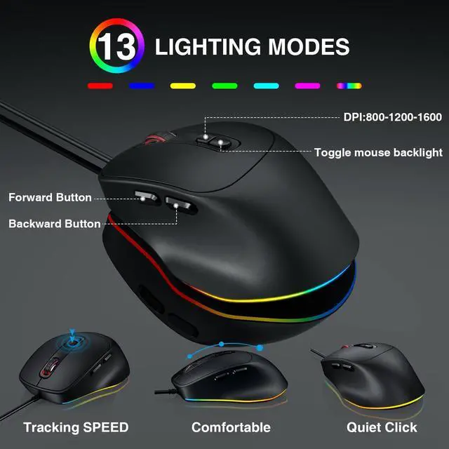 Alt view image 12 of 14 - KM21Pro Wired Keyboard Mouse Combo - Large Print Backlit, Ergonomic Wrist Rest, 6 DPI RGB for PC/Windows - Ideal for Seniors, Students, Office and Home