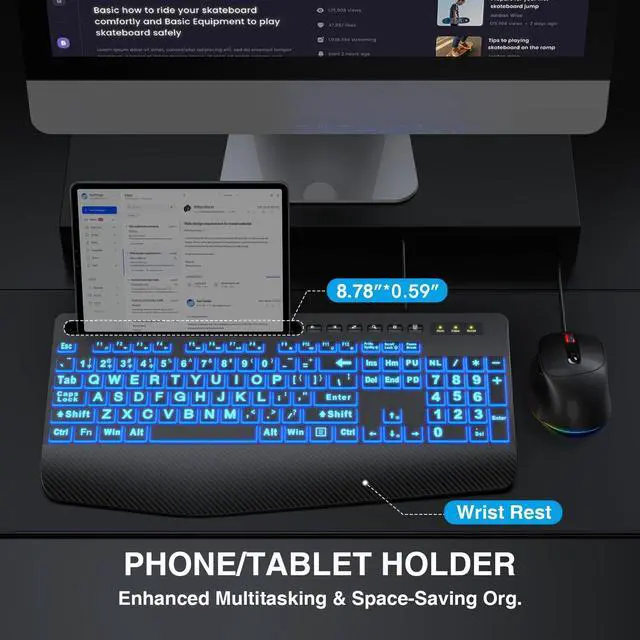 Alt view image 13 of 14 - KM21Pro Wired Keyboard Mouse Combo - Large Print Backlit, Ergonomic Wrist Rest, 6 DPI RGB for PC/Windows - Ideal for Seniors, Students, Office and Home