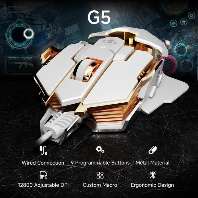 Alt view image 8 of 12 - G5 Wired Gaming Mouse, Ergonomic RGB Computer Mouse, 12800 Adjustable DPI, 9 Programmable Macro Buttons with Rapid Fire Key Compatible for PC/Laptop/Windows-White