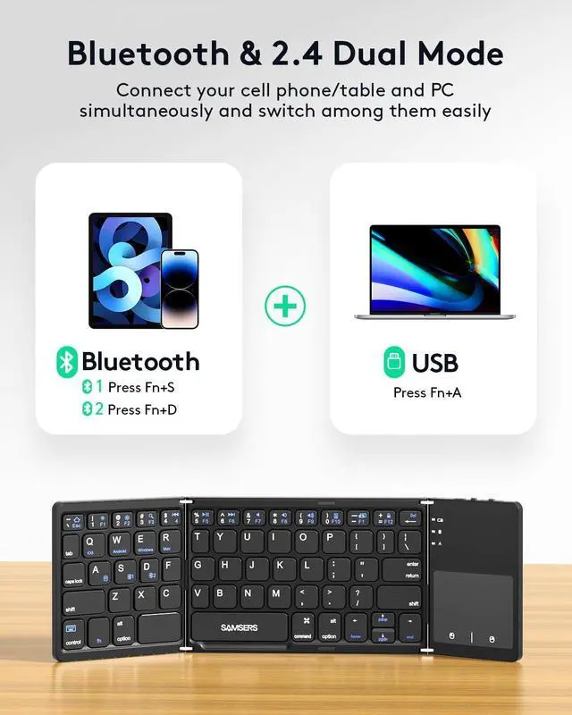 Alt view image 9 of 14 - Multi-Device Foldable Bluetooth Keyboard with Touchpad, Rechargeable Dual-Mode(2.4G+BTx2) Wireless Keyboard with Holder, Portable Folding Keyboards for Android Windows iOS Mac OS - Black