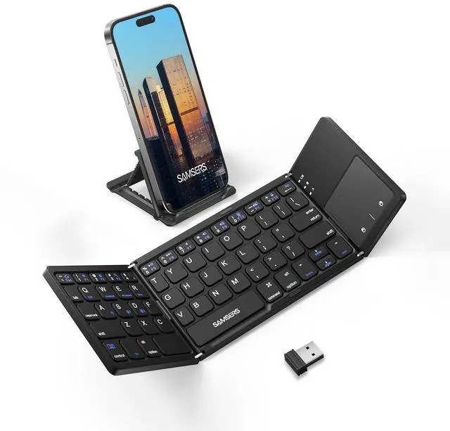 Alt view image 8 of 14 - Multi-Device Foldable Bluetooth Keyboard with Touchpad, Rechargeable Dual-Mode(2.4G+BTx2) Wireless Keyboard with Holder, Portable Folding Keyboards for Android Windows iOS Mac OS - Black