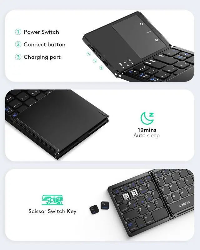 Alt view image 13 of 14 - Multi-Device Foldable Bluetooth Keyboard with Touchpad, Rechargeable Dual-Mode(2.4G+BTx2) Wireless Keyboard with Holder, Portable Folding Keyboards for Android Windows iOS Mac OS - Black