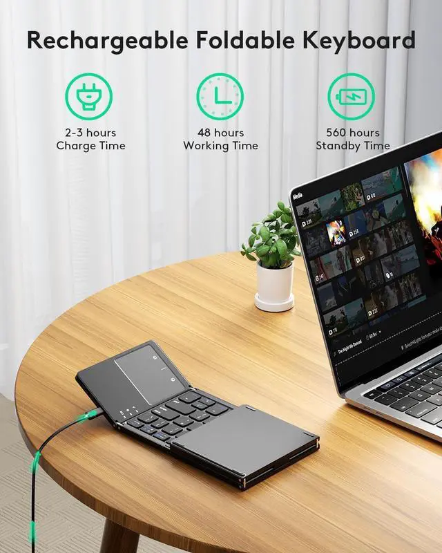 Alt view image 11 of 14 - Multi-Device Foldable Bluetooth Keyboard with Touchpad, Rechargeable Dual-Mode(2.4G+BTx2) Wireless Keyboard with Holder, Portable Folding Keyboards for Android Windows iOS Mac OS - Black