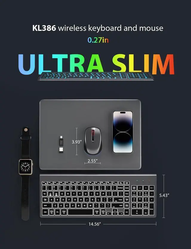 Alt view image 14 of 14 - Wireless Keyboard and Mouse Combo Backlit - Compact Quiet Keyboard with RGB Mouse, Rechargeable, Slim, Sleep Mode, Portable Cordless Keyboard Mouse Set for Mac, Windows (Space Gray) - SABLUTE KM61PRO