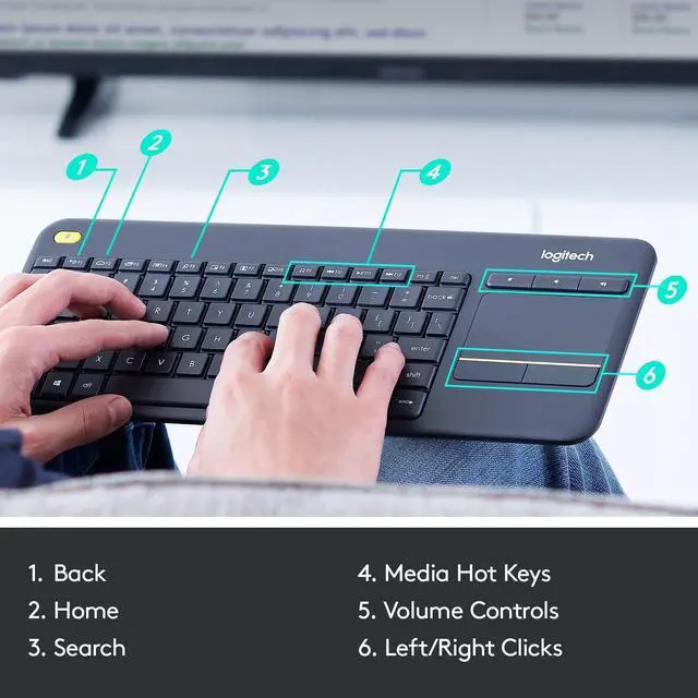 Alt view image 14 of 14 - K400 Plus Wireless Touch TV Keyboard with Easy Media Control and Built-in Touchpad, HTPC Keyboard for PC-Connected TV, Windows, Android, ChromeOS, Laptop, Tablet - Black