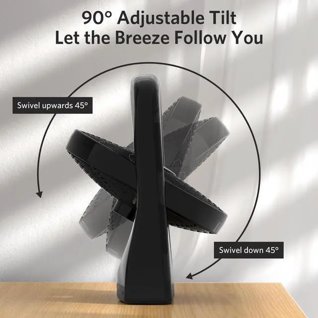 Alt view image 10 of 14 - 9" Desk Fan, Battery & USB-C Powered, 2 Cooling Speeds Table Fan With 90° Adjustable Tilt, 388ft³/Min Powerful Airflow, Portable Desktop Fan for Home, Office, Kitchen, Travel, Black