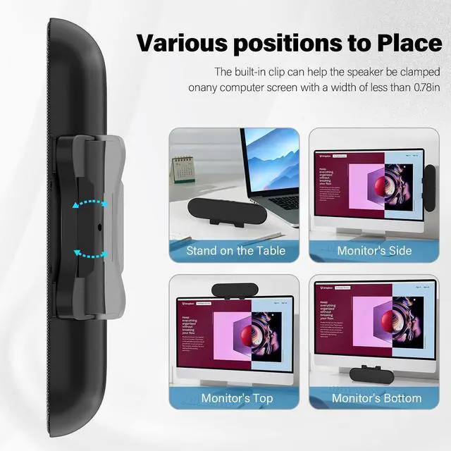 Alt view image 10 of 14 - Computer Speakers for Desktop Monitor,Single Speakers for Desktop PC,Laptop Speaker with Loud Sound,Volume Control Easily Clamps to Monitors(USB-C to USB Adapter Included) (Black)