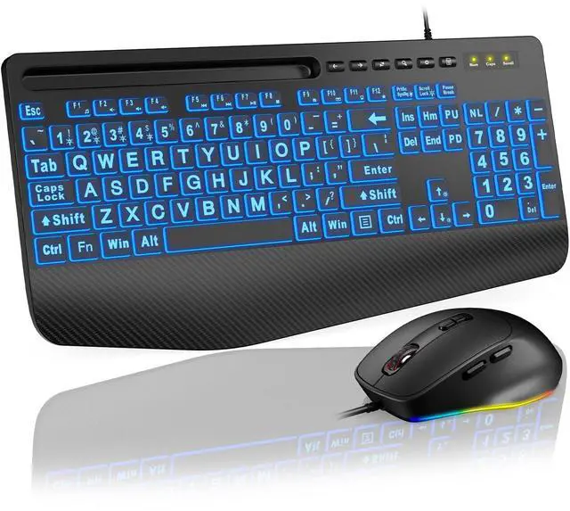 Alt view image 8 of 14 - KM21Pro Wired Keyboard Mouse Combo - Large Print Backlit, Ergonomic Wrist Rest, 6 DPI RGB for PC/Windows - Ideal for Seniors, Students, Office and Home