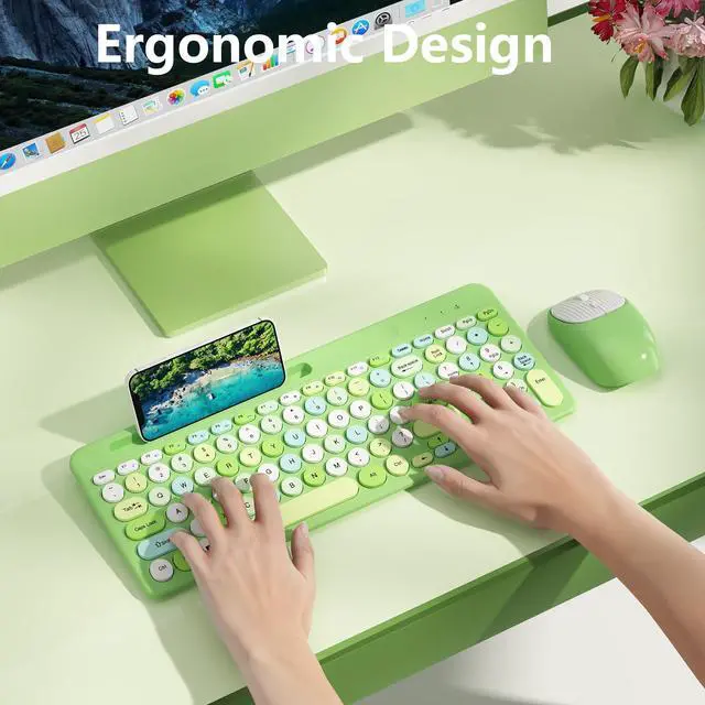 Alt view image 11 of 12 - Retro Wireless Keyboard and Mouse Combo, Full-Size USB Keyboard with Round Keycaps, 2.4GHz Wireless for Desktop, Laptop and Computer (Green-Colorful)