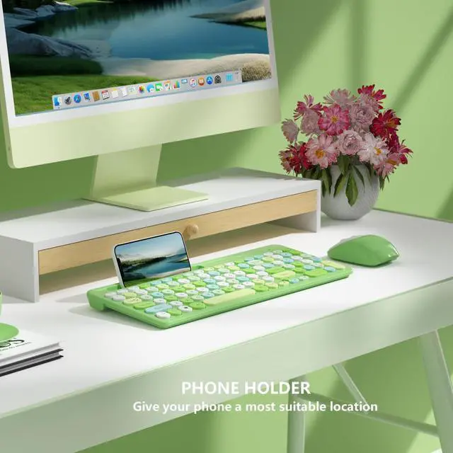 Alt view image 9 of 12 - Retro Wireless Keyboard and Mouse Combo, Full-Size USB Keyboard with Round Keycaps, 2.4GHz Wireless for Desktop, Laptop and Computer (Green-Colorful)