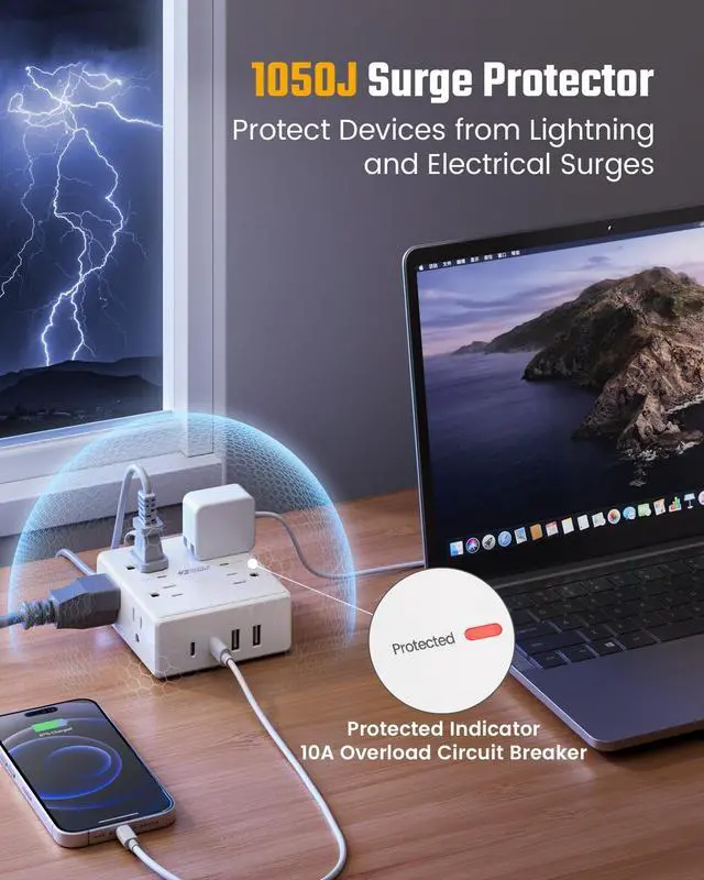 Alt view image 13 of 14 - 10Ft Extension Cord with Multiple Outlets, Flat Plug Surge Protector Power Strip 10 Ft Long Cord, 8 Outlets & 4 USB Ports (2 USB C), Desk Charging Station for Home Office, College Dorm Room Essentials