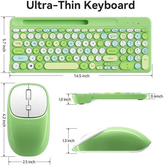 Alt view image 12 of 12 - Retro Wireless Keyboard and Mouse Combo, Full-Size USB Keyboard with Round Keycaps, 2.4GHz Wireless for Desktop, Laptop and Computer (Green-Colorful)