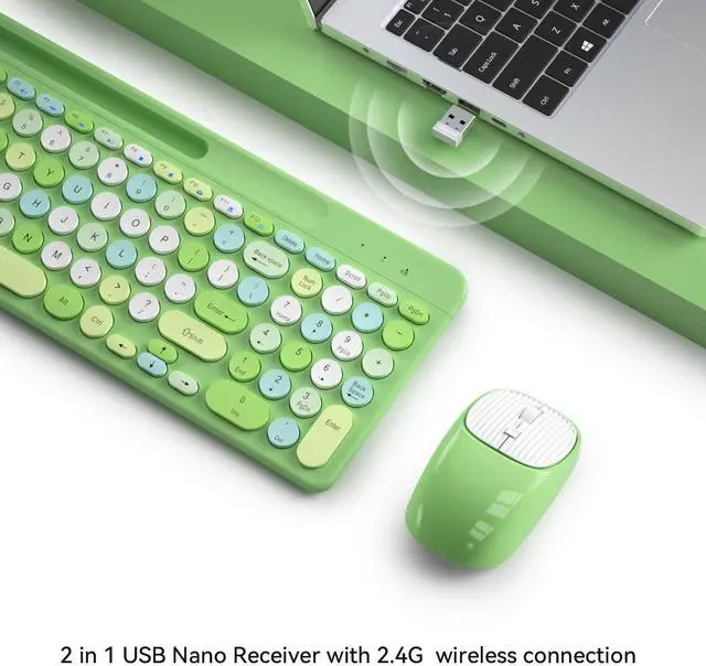 Alt view image 8 of 12 - Retro Wireless Keyboard and Mouse Combo, Full-Size USB Keyboard with Round Keycaps, 2.4GHz Wireless for Desktop, Laptop and Computer (Green-Colorful)