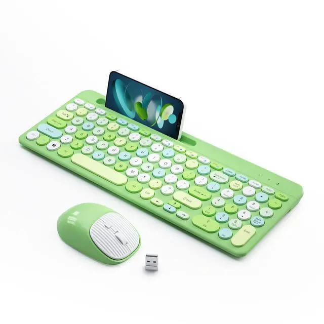 Alt view image 7 of 12 - Retro Wireless Keyboard and Mouse Combo, Full-Size USB Keyboard with Round Keycaps, 2.4GHz Wireless for Desktop, Laptop and Computer (Green-Colorful)