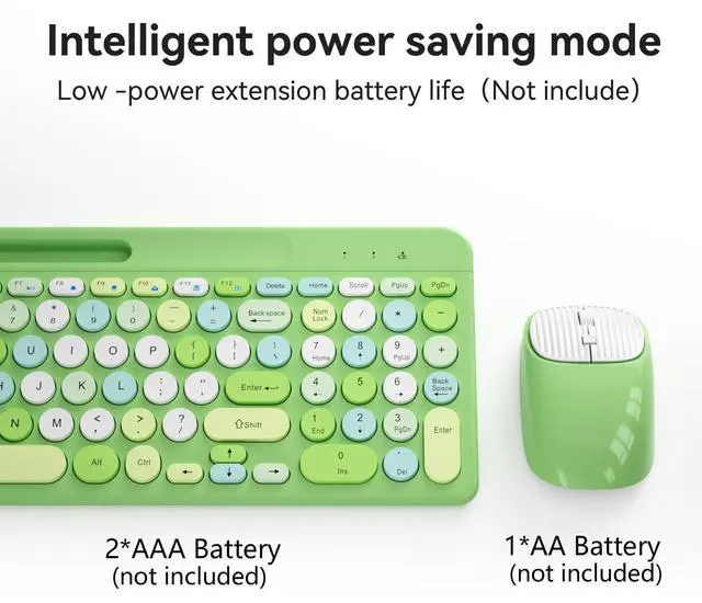 Alt view image 10 of 12 - Retro Wireless Keyboard and Mouse Combo, Full-Size USB Keyboard with Round Keycaps, 2.4GHz Wireless for Desktop, Laptop and Computer (Green-Colorful)