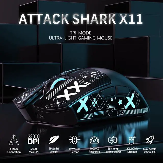 Alt view image 9 of 14 - X11 59g Superlight Wireless Gaming Mouse with Grip Tape, RGB Charging DockBT/2.4G Wireless/Wired Pc Mouse, 22000 DPI,5 Programmable Buttons for Pc/Mac(Black)