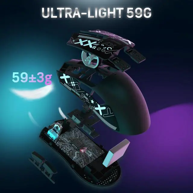 Alt view image 13 of 14 - X11 59g Superlight Wireless Gaming Mouse with Grip Tape, RGB Charging DockBT/2.4G Wireless/Wired Pc Mouse, 22000 DPI,5 Programmable Buttons for Pc/Mac(Black)