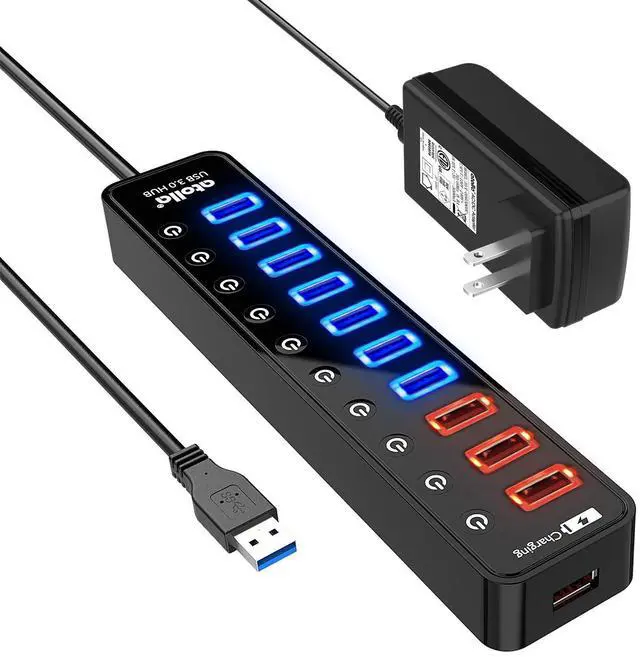 Alt view image 7 of 12 - Powered USB 3.0 Hub, USB 3.0 Data Hub 11 Ports - 7 USB 3.0 Data Ports + 4 Smart Charging Port with Individual On/Off Switches and 12V/4A Power Adapter USB Hub 3.0 Splitter