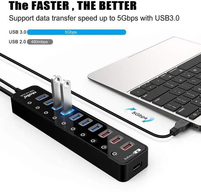 Alt view image 8 of 12 - Powered USB 3.0 Hub, USB 3.0 Data Hub 11 Ports - 7 USB 3.0 Data Ports + 4 Smart Charging Port with Individual On/Off Switches and 12V/4A Power Adapter USB Hub 3.0 Splitter