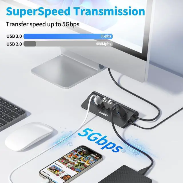 Alt view image 9 of 14 - Powered USB Hub, 7-Port USB 3.0 Hub, Aluminum USB Data Hub with 3.3ft Cable, USB Hub 3.0 Powered with 20W Power Adapter for MacBook, Mac Pro/mini, iMac, XPS, PC, USB-Flash Drives, etc. (Black)
