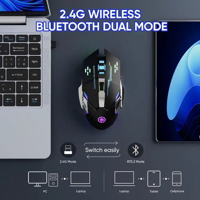 Alt view image 9 of 14 - Wireless Gaming Mouse Bluetooth Mouse RGB Rechargeable 2.4G USB Cordless Computer Mice with 7 Color Backlit, 6 Buttons & Silent Click for Laptop, iPad, Mac OS, PC, Windows -Black