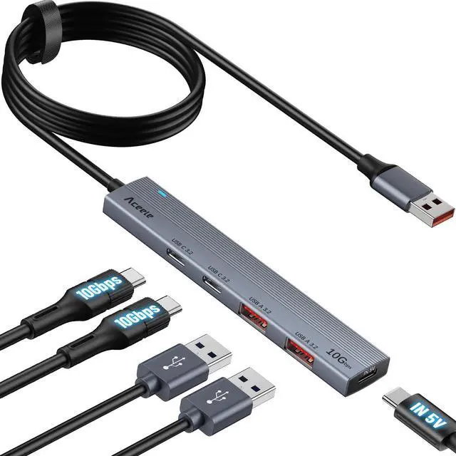 Alt view image 8 of 14 - USB 3.2 Gen 2 Hub with 2 USB-A & 2 USB-C Ports, 10Gbps USB Splitter with 4ft Long Cable, USB Data Extented with 5V3A Type-C Power Port, Compatible for Laptop, iMac Laptop and More