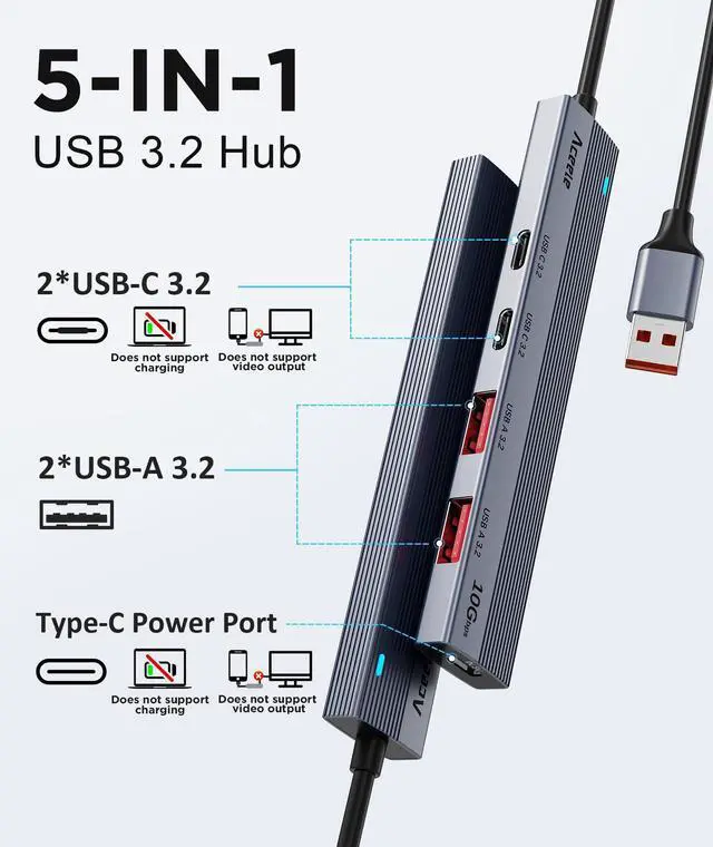 Alt view image 9 of 14 - USB 3.2 Gen 2 Hub with 2 USB-A & 2 USB-C Ports, 10Gbps USB Splitter with 4ft Long Cable, USB Data Extented with 5V3A Type-C Power Port, Compatible for Laptop, iMac Laptop and More