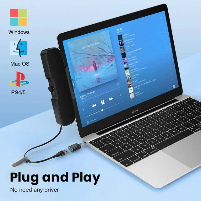 Alt view image 9 of 10 - Computer Speakers for Desktop PC Monitor, Easy Volume Knob, Sturdy Clamp, Basic Sound, Laptop Speakers with Compact Design, USB/USB C Adapter for Power and Audio(Black)