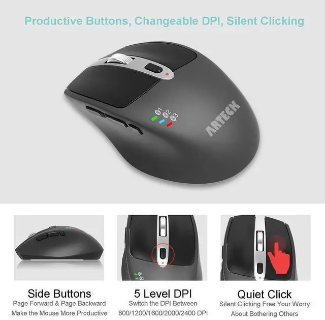Alt view image 10 of 14 - Multi-Device Wireless Bluetooth Mouse Ergonomic Silent Clicking Backward Forward for Desktop PC Laptop Mac iPad Build in Rechargeable Battery