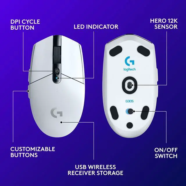 Alt view image 13 of 14 - G305 Lightspeed Wireless Gaming Mouse, Hero Sensor, 12,000 DPI, Lightweight, 6 Programmable Buttons, 250h Battery, On-Board Memory, Compatible with PC, Mac - White