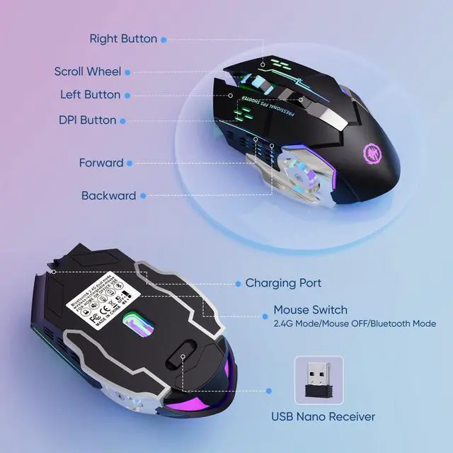 Alt view image 14 of 14 - Wireless Gaming Mouse Bluetooth Mouse RGB Rechargeable 2.4G USB Cordless Computer Mice with 7 Color Backlit, 6 Buttons & Silent Click for Laptop, iPad, Mac OS, PC, Windows -Black