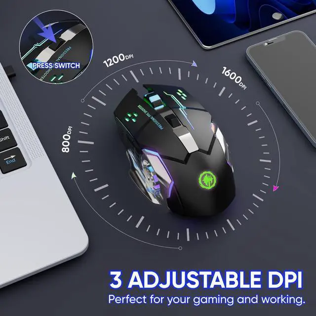 Alt view image 11 of 14 - Wireless Gaming Mouse Bluetooth Mouse RGB Rechargeable 2.4G USB Cordless Computer Mice with 7 Color Backlit, 6 Buttons & Silent Click for Laptop, iPad, Mac OS, PC, Windows -Black