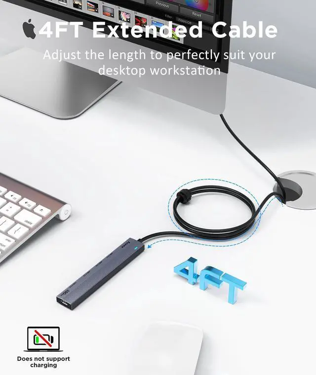 Alt view image 11 of 14 - USB 3.2 Gen 2 Hub with 2 USB-A & 2 USB-C Ports, 10Gbps USB Splitter with 4ft Long Cable, USB Data Extented with 5V3A Type-C Power Port, Compatible for Laptop, iMac Laptop and More