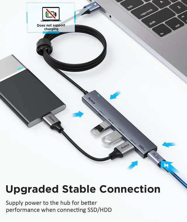 Alt view image 12 of 14 - USB 3.2 Gen 2 Hub with 2 USB-A & 2 USB-C Ports, 10Gbps USB Splitter with 4ft Long Cable, USB Data Extented with 5V3A Type-C Power Port, Compatible for Laptop, iMac Laptop and More