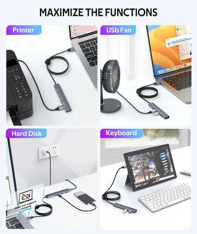 Alt view image 13 of 14 - USB 3.2 Gen 2 Hub with 2 USB-A & 2 USB-C Ports, 10Gbps USB Splitter with 4ft Long Cable, USB Data Extented with 5V3A Type-C Power Port, Compatible for Laptop, iMac Laptop and More