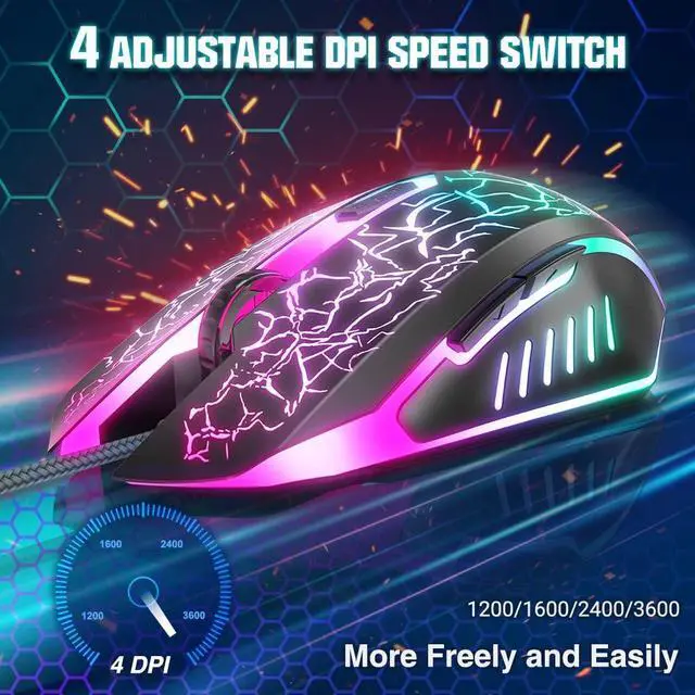 Alt view image 9 of 14 - Gaming Mouse Wired, Ergonomic Gamer Laptop PC Optical Computer Mice with RGB Backlit, 4 Adjustable DPI Up to 3600, 6 Programmable Buttons for Windows 7/8/10/XP Vista Linux -Black
