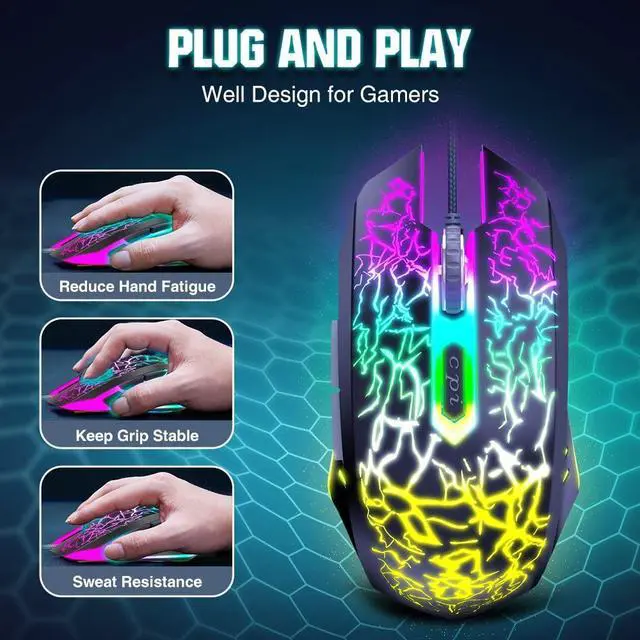 Alt view image 10 of 14 - Gaming Mouse Wired, Ergonomic Gamer Laptop PC Optical Computer Mice with RGB Backlit, 4 Adjustable DPI Up to 3600, 6 Programmable Buttons for Windows 7/8/10/XP Vista Linux -Black