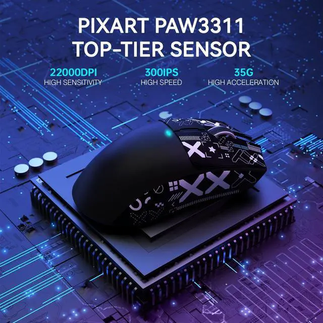 Alt view image 12 of 14 - X11 Lightweight Wireless Gaming Mouse with RGB Charging Dock,Tri-Mode-2.4G/USB-C Wired/BT,22K DPI,PAW3311 Optical Sensor,HUYU Switch, 5 programmable Buttons for PC/Mac(Black&Sticker)