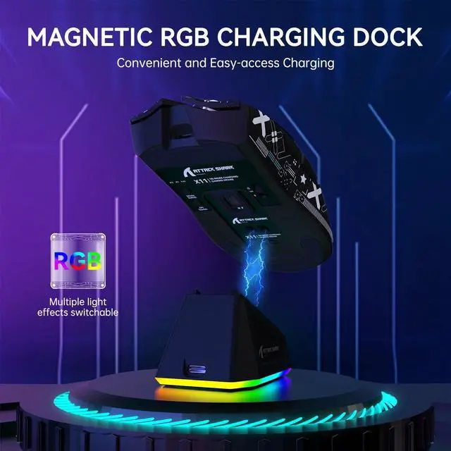 Alt view image 11 of 14 - X11 Lightweight Wireless Gaming Mouse with RGB Charging Dock,Tri-Mode-2.4G/USB-C Wired/BT,22K DPI,PAW3311 Optical Sensor,HUYU Switch, 5 programmable Buttons for PC/Mac(Black&Sticker)
