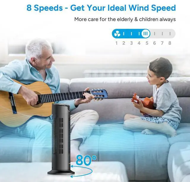 Alt view image 12 of 14 - Tower Fan for Bedroom, 25 dB Quiet DC Bladeless Fan with Remote, 8 Speeds, 1-8H Timer, 80° Oscillating Fans for Indoors, 16 Inch Portable Desk Table Fans for Room, Home, Office