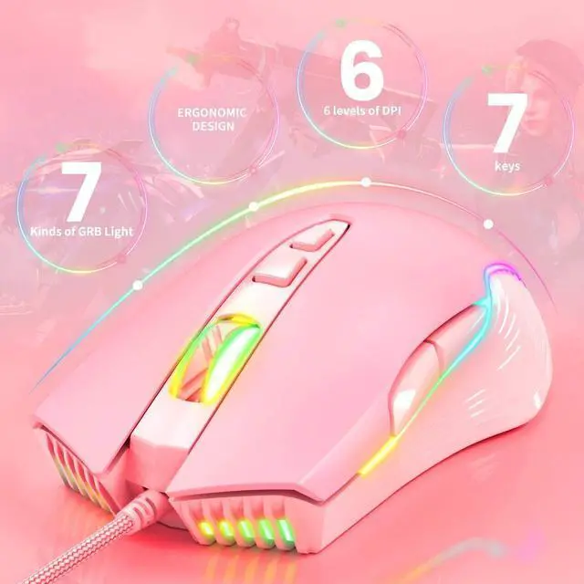 Alt view image 9 of 14 - RGB Gaming Mouse Wired, USB Optical Computer Mice with RGB Backlit, 6 Adjustable DPI Up to 6400, Ergonomic Gamer Laptop PC Mouse with 7 Programmable Buttons for Windows Vista Linux (Pink)